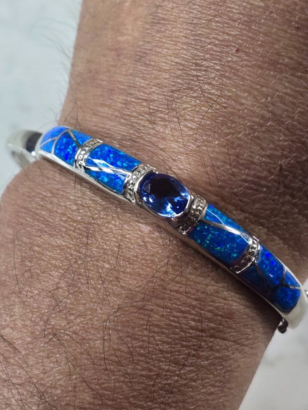Womens Sterling Silver Modernist Blue Opal Bangle Bracelet 19.1g E2401 - Picture 4 of 4